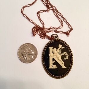 Hand crafted FAIRY CAMEO, Initial “K”… Bronze tone, 18” chain